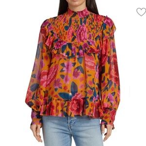 Farm Rio by Anthropologie Floral Dream Smocked Blouse Size Small